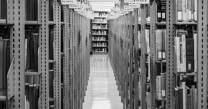 Library shelves stretch into the distance