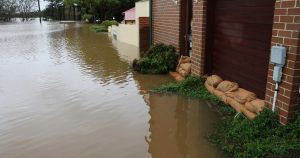a flooded street with a building and a dog lying on the ground